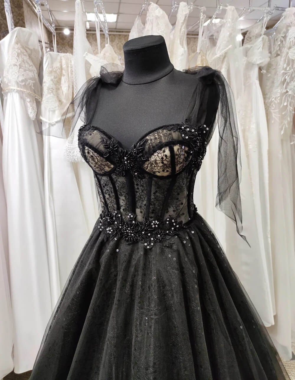 Vestido de fiesta gótico de tul negro, vestidos de noche de graduación, vestido de fiesta de corte A con purpurina, vestido maxi con corsé