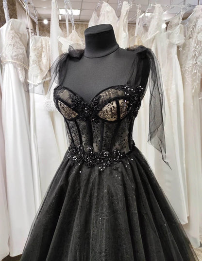 Vestido de fiesta gótico de tul negro, vestidos de noche de graduación, vestido de fiesta de corte A con purpurina, vestido maxi con corsé