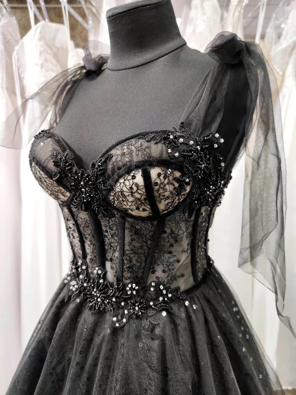 Vestido de fiesta gótico de tul negro, vestidos de noche de graduación, vestido de fiesta de corte A con purpurina, vestido maxi con corsé
