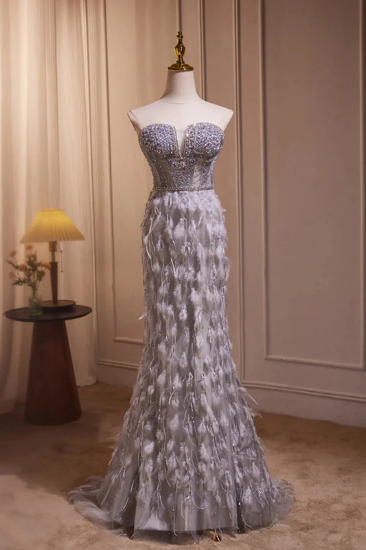 Grey Feather Mermaid Sweetheart Prom Dresses Sheer Beaded Bodice SH1708