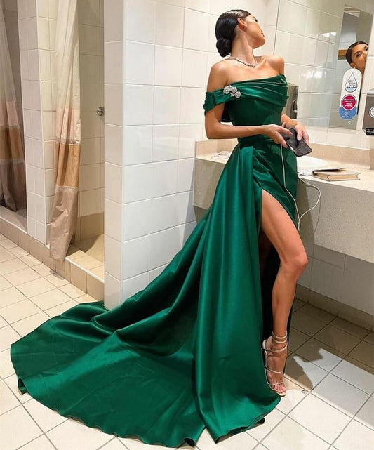 Encantadores vestidos largos de noche formales con abertura en los hombros, color verde, populares, para fiestas y bailes de graduación.