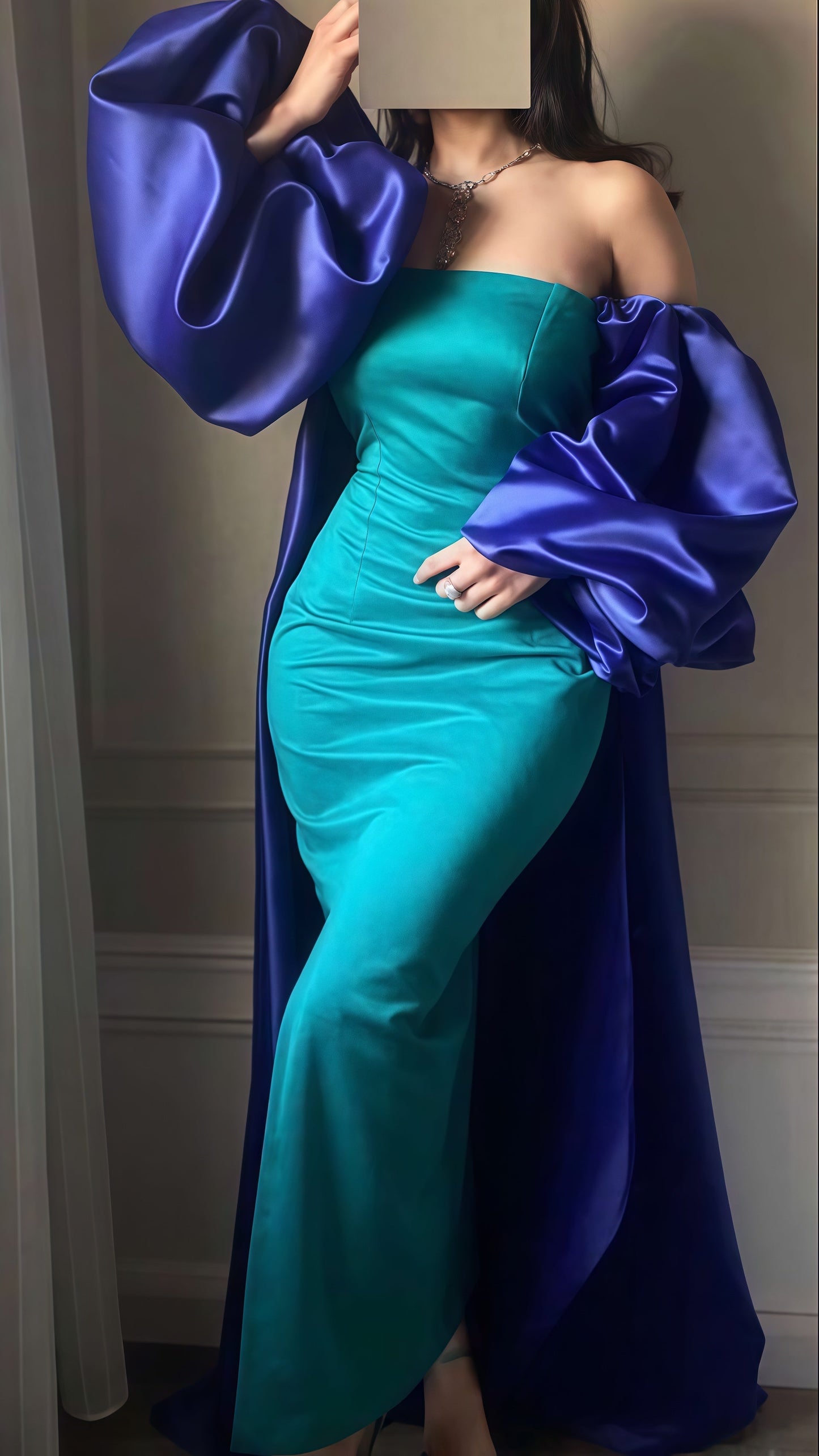 Green Blue Satin Bodycon Party Dress, Bubble Sleeves Cloak Celebrity Dress,AST1767