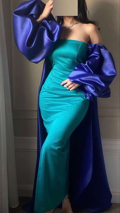 Green Blue Satin Bodycon Party Dress, Bubble Sleeves Cloak Celebrity Dress,AST1767