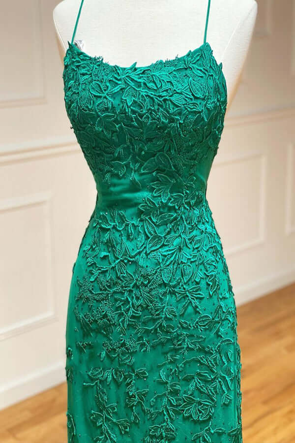 Vestidos de fiesta de sirena con encaje verde, espalda descubierta y tirantes finos, vestidos de noche, vestidos largos 
