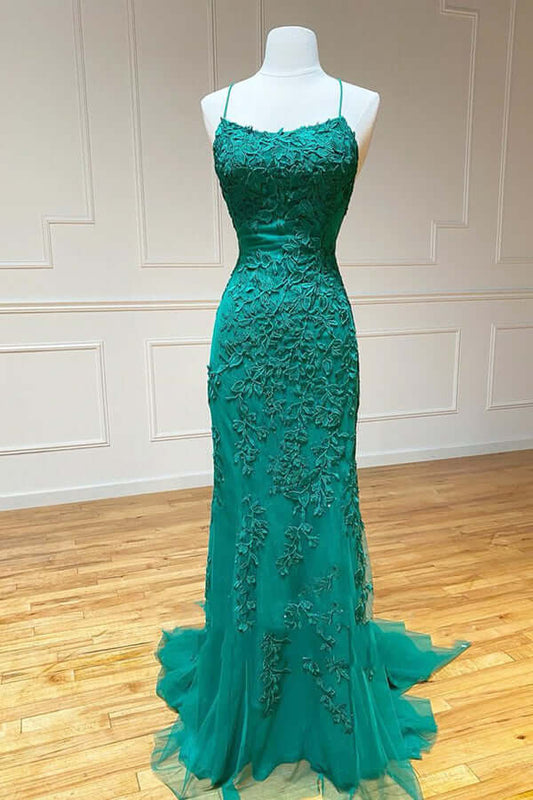 Vestidos de fiesta de sirena con encaje verde, espalda descubierta y tirantes finos, vestidos de noche, vestidos largos 