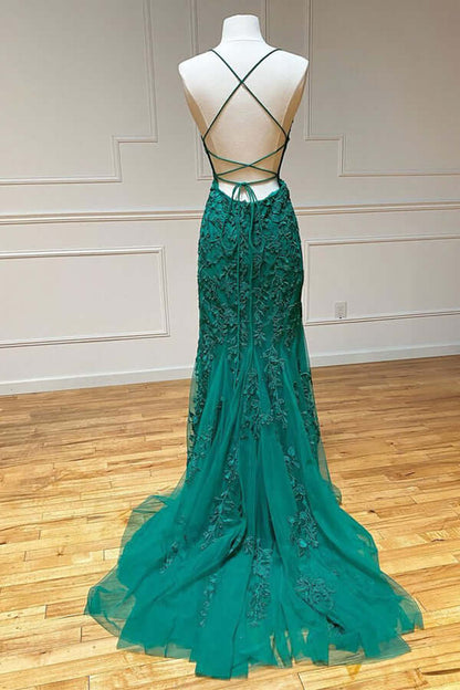 Vestidos de fiesta de sirena con encaje verde, espalda descubierta y tirantes finos, vestidos de noche, vestidos largos 