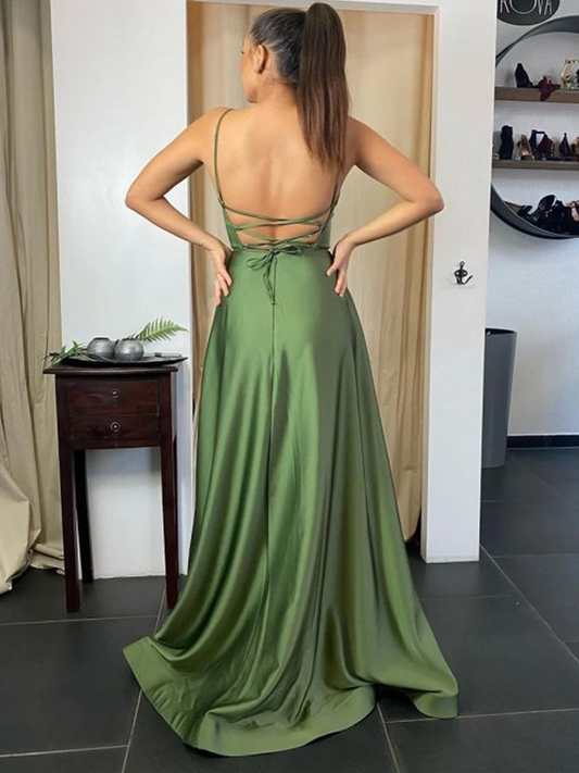 Green Satin Backless Straps Long Prom Dresses With Slit,WP359
