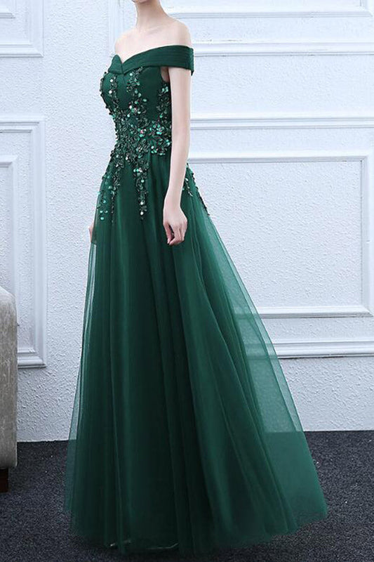 Emerald Green Tulle Off The Shoulder Prom Dresses With Appliques,WP371