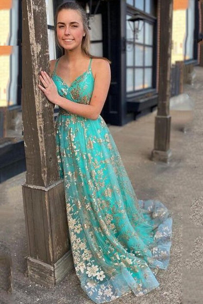 Stylish Tulle Sequins Long Prom Dresses, Backless Slit Long Graudtion Gown GP335