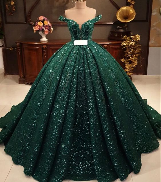 Vestido de novia verde oscuro con apliques llamativos, vestidos de quinceañera con lentejuelas