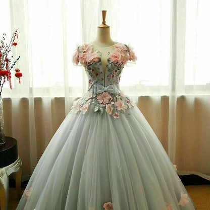 Vestido de fiesta gris con flores 3D de princesa, vestido de quinceañera para 16 años