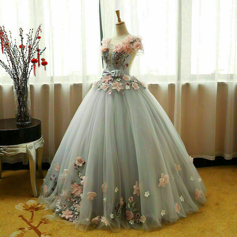 Vestido de fiesta gris con flores 3D de princesa, vestido de quinceañera para 16 años