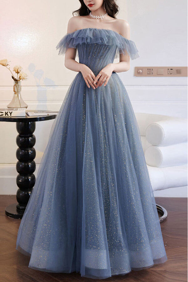 Vestidos de fiesta de tul azul grisáceo con corte A y hombros descubiertos, vestido formal largo, vestidos elegantes 