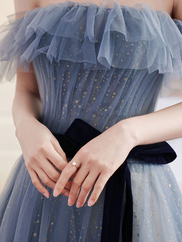 Vestidos de fiesta de tul azul grisáceo con corte A y hombros descubiertos, vestido formal largo, vestidos elegantes 