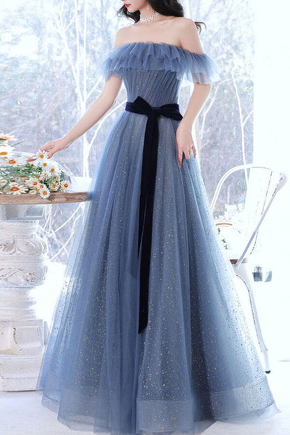 Vestidos de fiesta de tul azul grisáceo con corte A y hombros descubiertos, vestido formal largo, vestidos elegantes 
