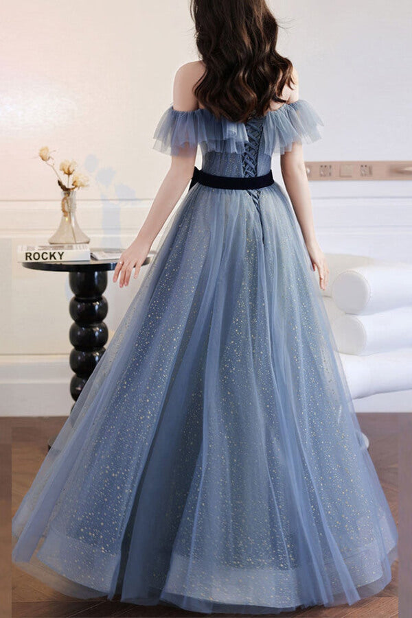 Vestidos de fiesta de tul azul grisáceo con corte A y hombros descubiertos, vestido formal largo, vestidos elegantes 