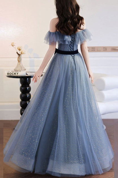 Vestidos de fiesta de tul azul grisáceo con corte A y hombros descubiertos, vestido formal largo, vestidos elegantes 