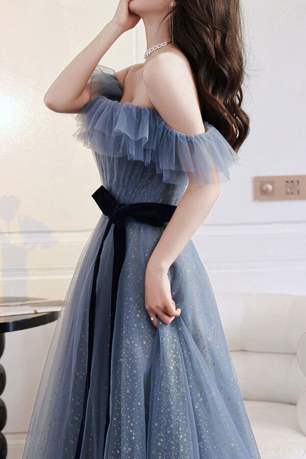 Vestidos de fiesta de tul azul grisáceo con corte A y hombros descubiertos, vestido formal largo, vestidos elegantes 