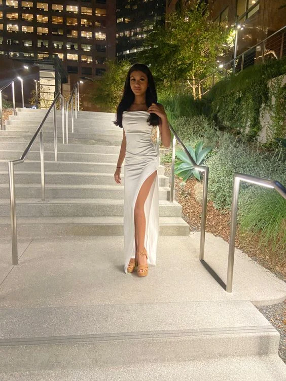 Simple White Satin Slit Prom Dress Long Party Dress SH943