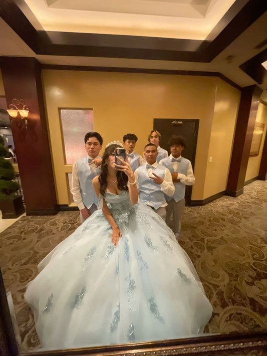 Vestido de quinceañera largo con hombros descubiertos y tul azul con encaje, vestido formal de 15 años, vestido de dulce 16 H1854