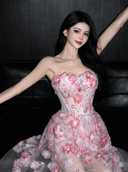 Romantic Pink 3D Floral A Line Sweetheart Neck Tulle Date Dress Evening Dress Homecoming Dress SH3441