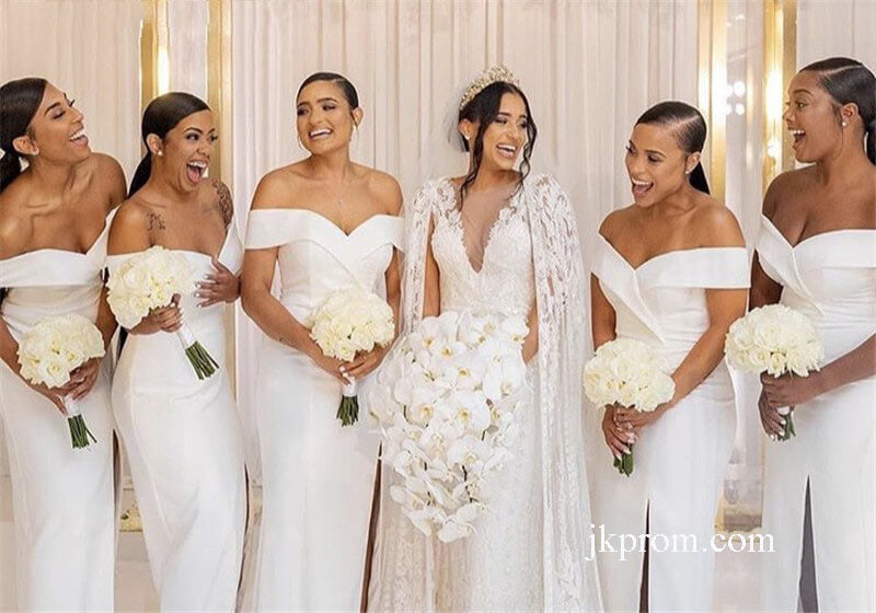 Vestidos de dama de honor modestos de sirena de satén de seda con abertura lateral, vestido de fiesta de boda blanco