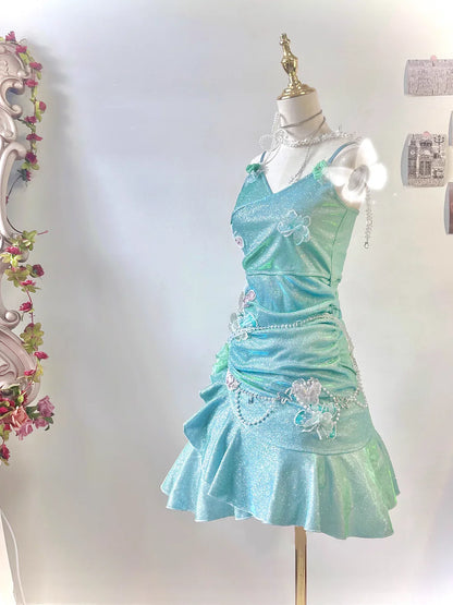 Vestido corto de fiesta para 16 cumpleaños, con tirantes finos, volantes y lentejuelas brillantes, color verde menta, TP4039