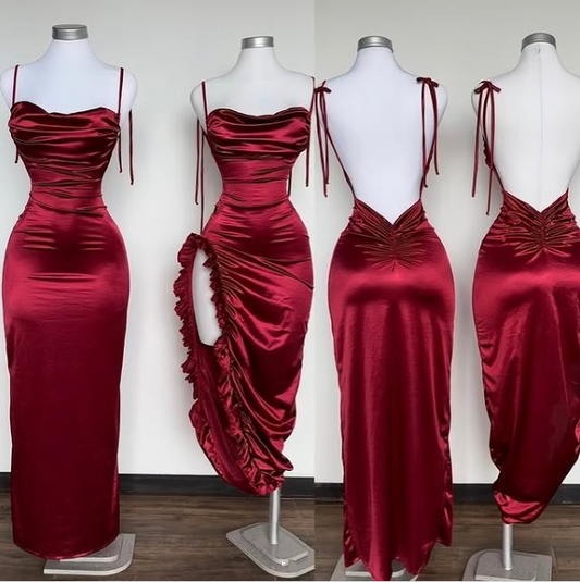 Vestido de fiesta de graduación con tirantes finos en rojo oscuro único, vestidos de fiesta de boda