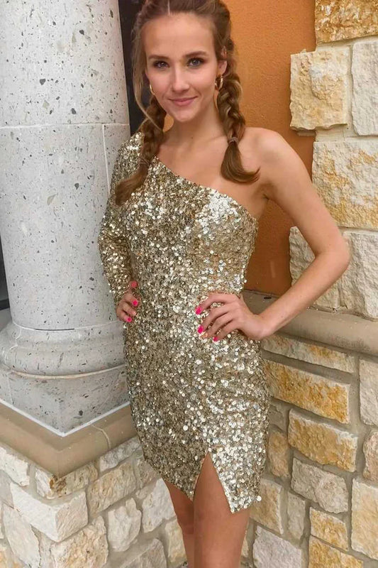 One Sleeve Hot Pink Homecoming Dress Sequins Party Dress, AST1084