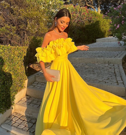 Charming A Line Off the Shoulder Yellow Satin Prom Dress Evening Dress SH2117