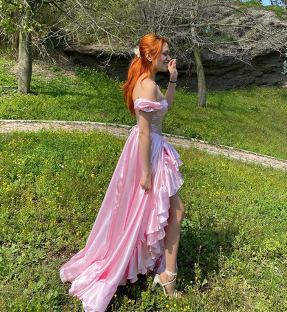 Princess A Line Off the Shoulder Corset Pink Satin Long Sweep Prom Dress with Slit SH2097