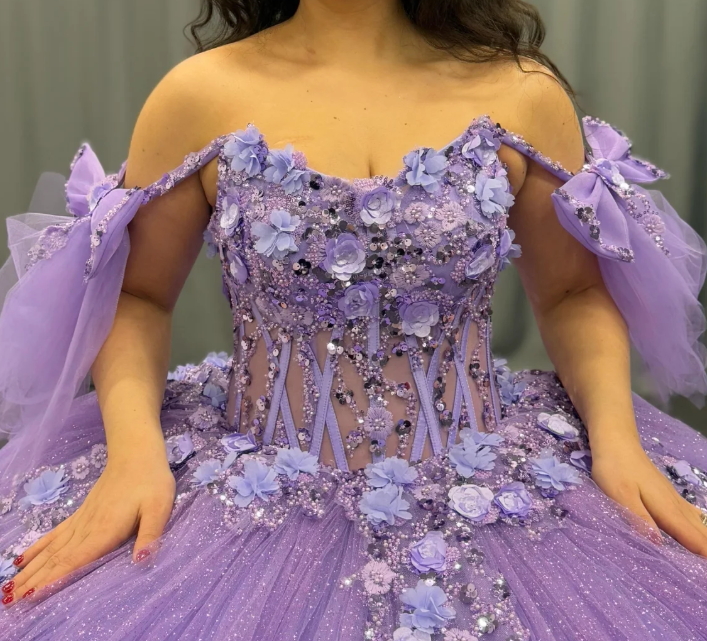 Purple Ball Gown Off the Shoulder Beaded 3D Flowers Sweet 16 Dress Girls Party Gowns vestidos de quinceañera SH3267