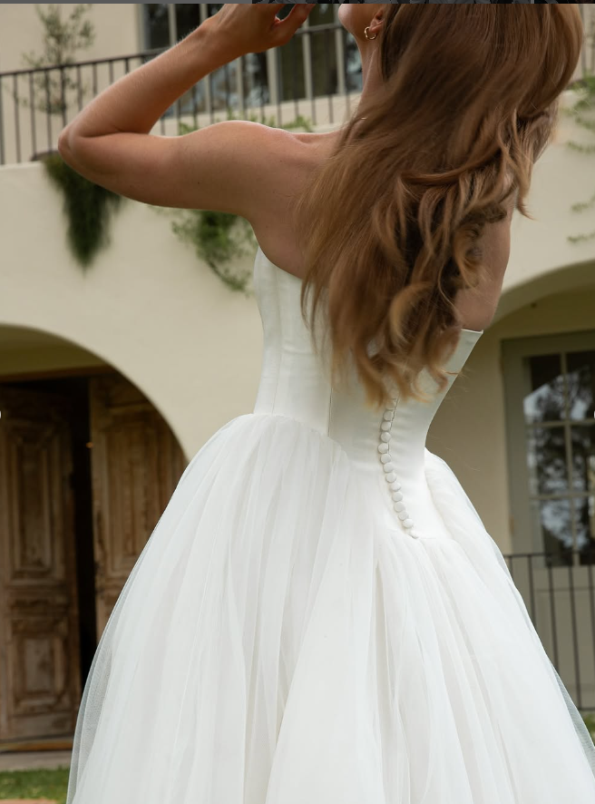 Simple A Line Strapless White Satin Tulle Long Wedding Dress SH2033