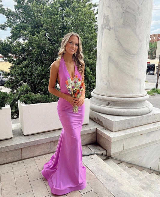 Gorgeous Halter Prom Dresses Long Satin Graduation Gown