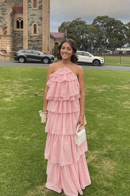 Halter Chiffon Pink Tiered Long Prom Dresses, A-line Evening Dress GP702