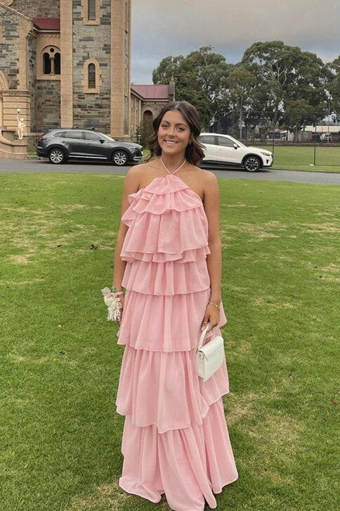 Halter Chiffon Pink Tiered Long Prom Dresses, A-line Evening Dress GP702