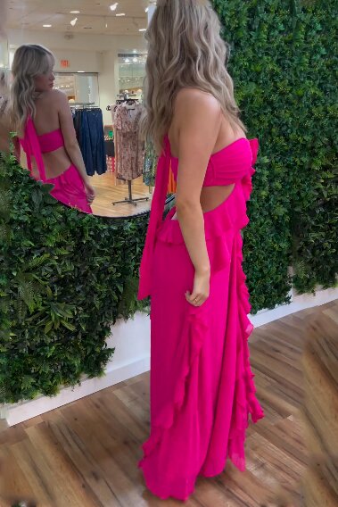 Halter Cut Out Ruffle Chiffon Hot Pink Long Prom Evening Dress GP684