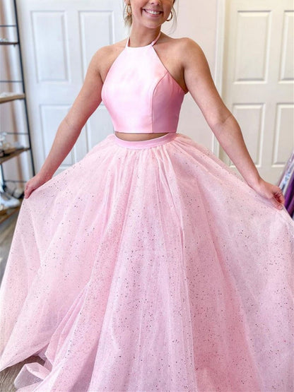 Two Pieces Pink Long Prom Dresses Sparkly Halter Neck Formal Gown GP105