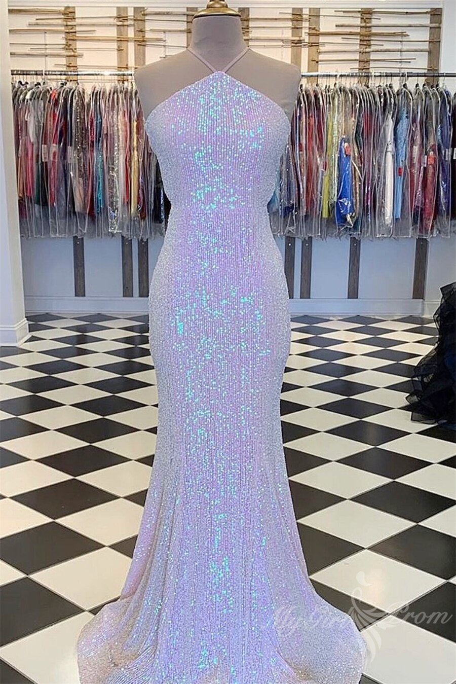 Halter Pink Sequins Mermaid Long Prom Dresses, Sparkly Lace-Up Formal Dress GP493