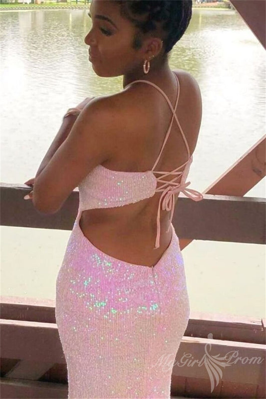 Halter Pink Sequins Mermaid Long Prom Dresses, Sparkly Lace-Up Formal Dress GP493