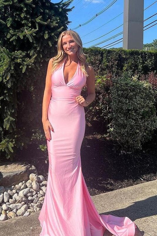 Halter V-Neck Mermaid Satin Long Prom Dresses, Pink Bridesmaid Dress GP619
