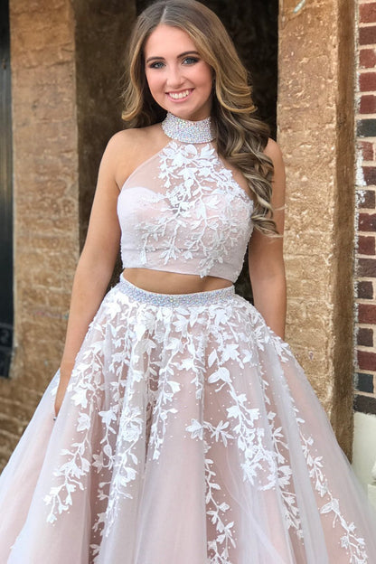 Halter Two Piece Tulle Red Long Prom Dress With Beaded Appliques GP35