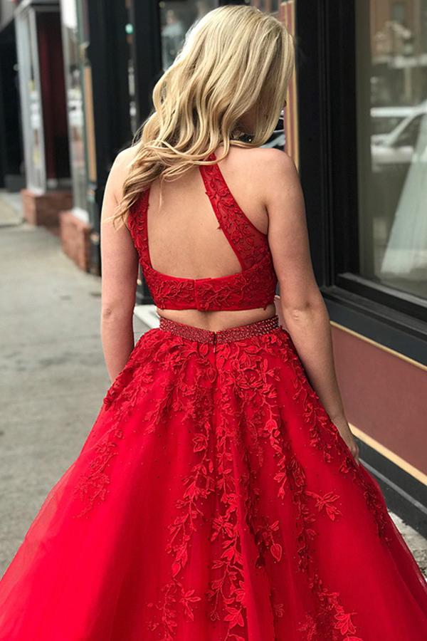 Halter Two Piece Tulle Red Long Prom Dress With Beaded Appliques GP35