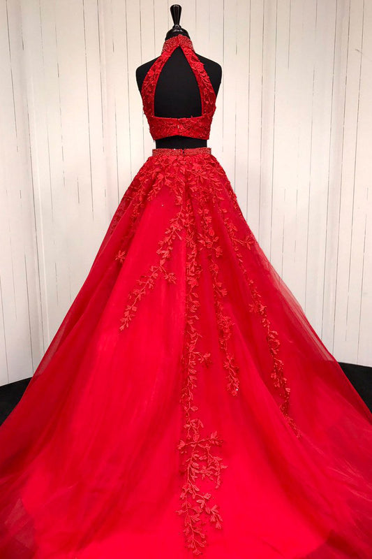 Halter Two Piece Tulle Red Long Prom Dress With Beaded Appliques GP35