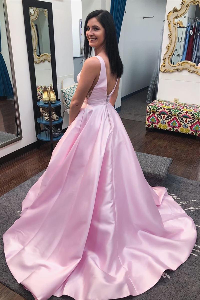 A-Line V-Neck Sleeveless Simple Satin Pink Prom Dress With Pockets GP66