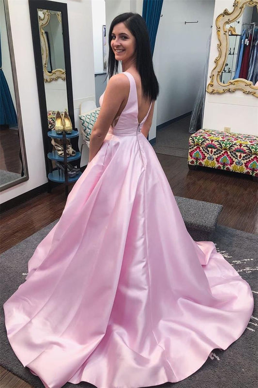 A-Line V-Neck Sleeveless Simple Satin Pink Prom Dress With Pockets GP66