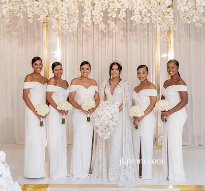 Vestidos de dama de honor modestos de sirena de satén de seda con abertura lateral, vestido de fiesta de boda blanco