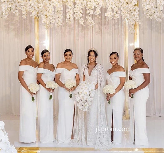 Vestidos de dama de honor modestos de sirena de satén de seda con abertura lateral, vestido de fiesta de boda blanco
