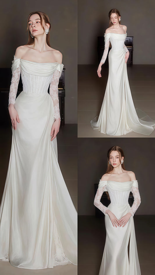 High Quality Ivory Wedding Dress, Off The Shoulder Long Sleeves Bridal Gown,AST1789