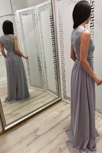 A-line Chiffon Long Prom Dress With Applique, Grey Long Bridesmaid Dress MP727